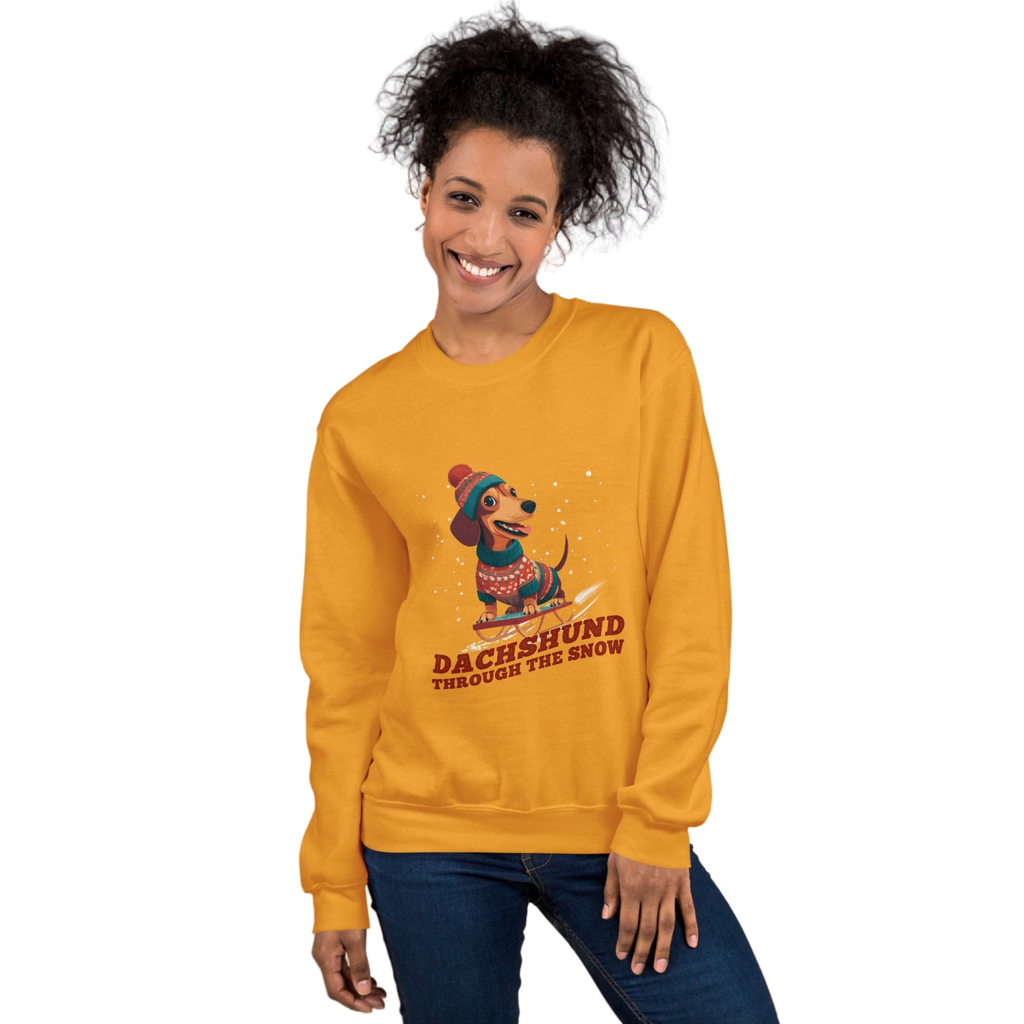 Person wearing a yellow sweatshirt with a dachshund graphic and text, standing against a plain background.