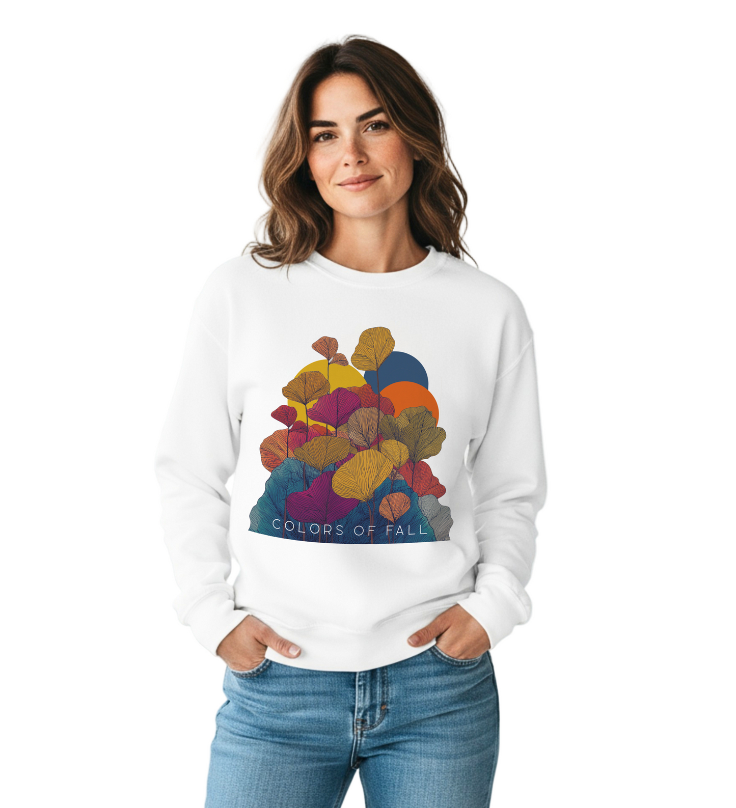 Woman wearing a white sweatshirt with a colorful design and text, standing against a white background.