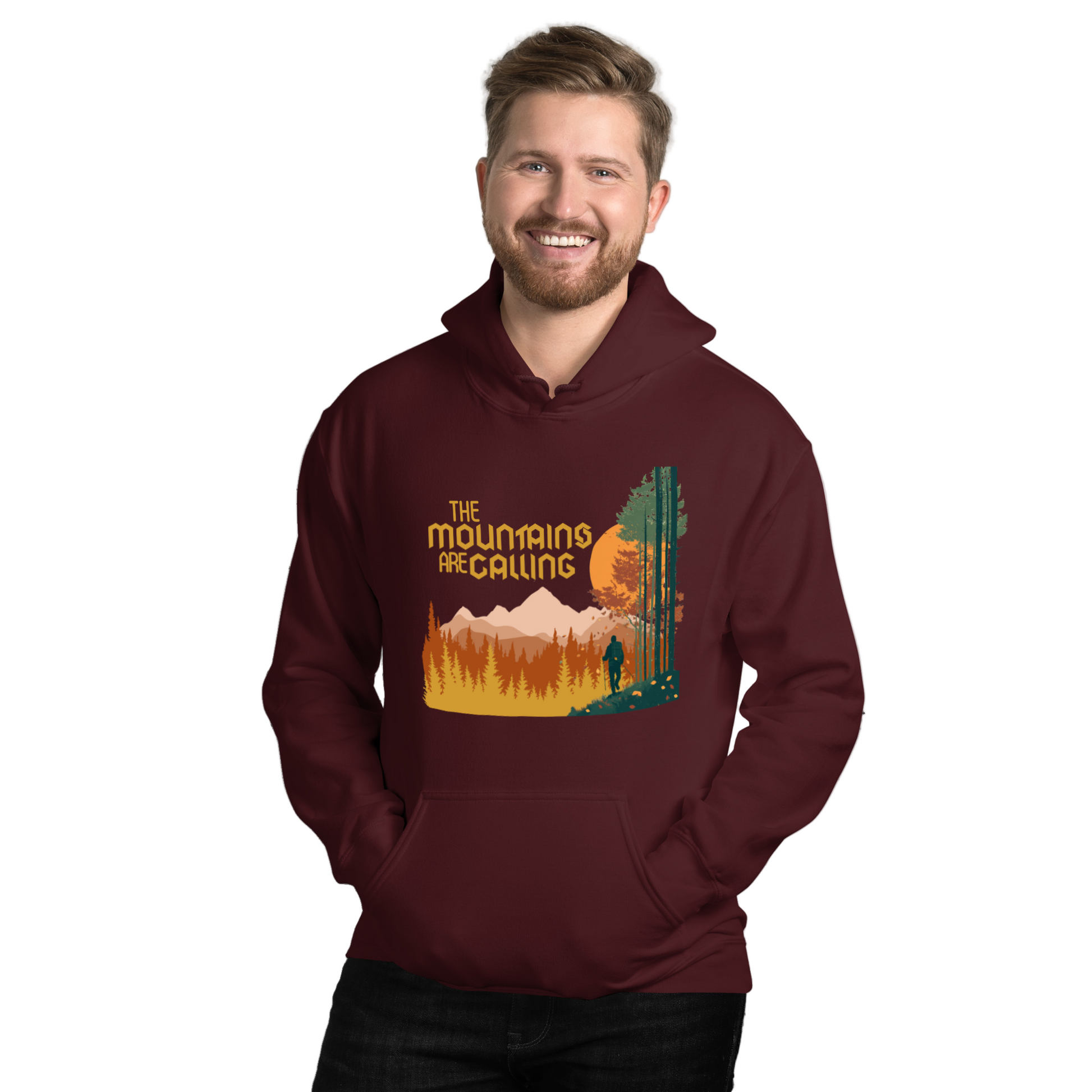 Man wearing a maroon hoodie with a mountain graphic and text on a white background