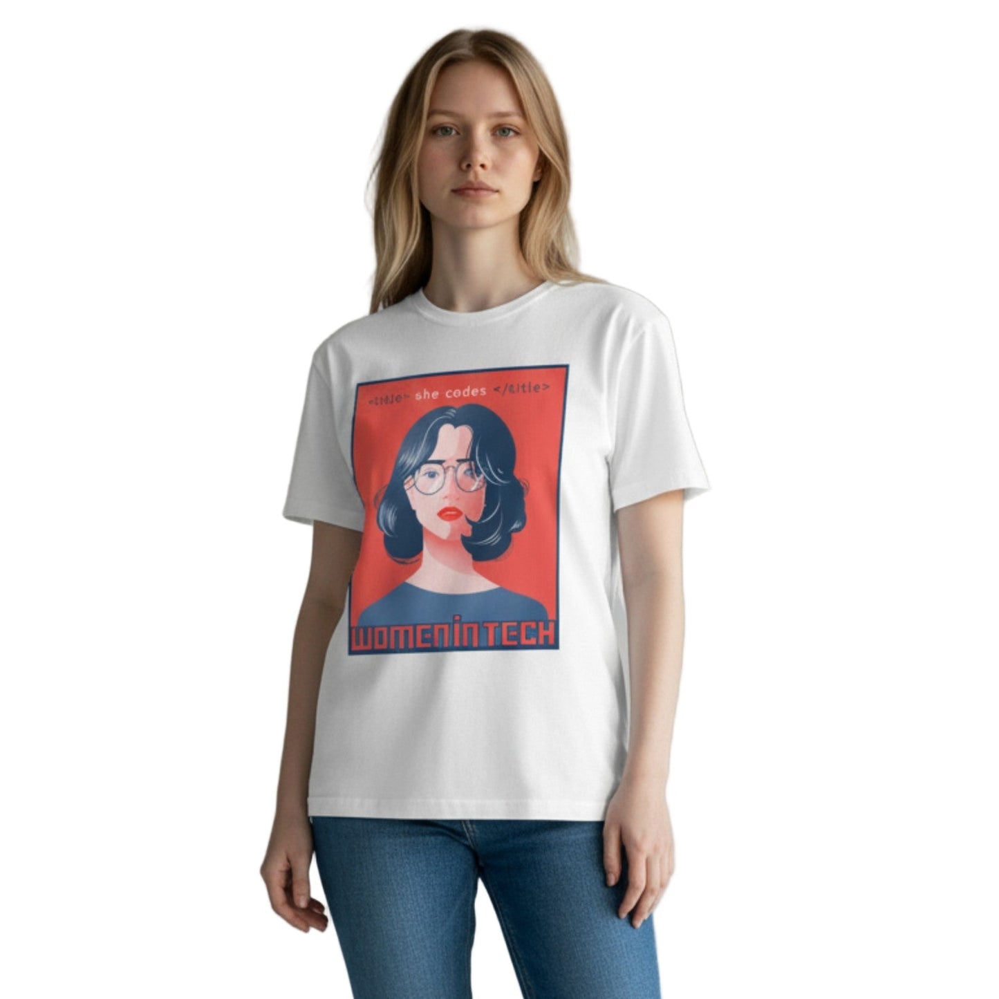 Person wearing a white t-shirt with a graphic design on a plain background