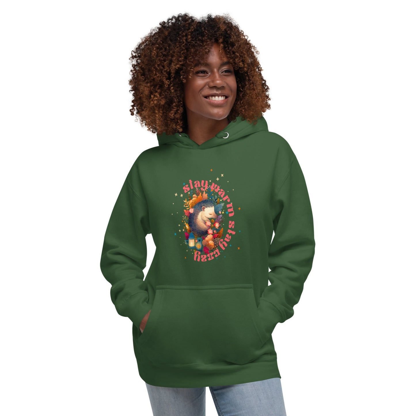 Person wearing a green hoodie with a colorful graphic design on a white background