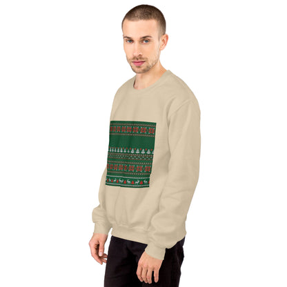 Man wearing a beige sweater with a green pattern on a gray background