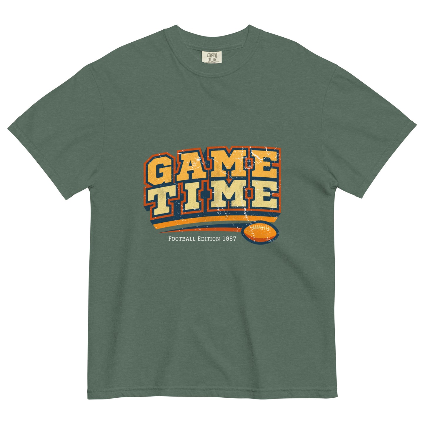 Green t-shirt with 'GAME TIME' print on a white background