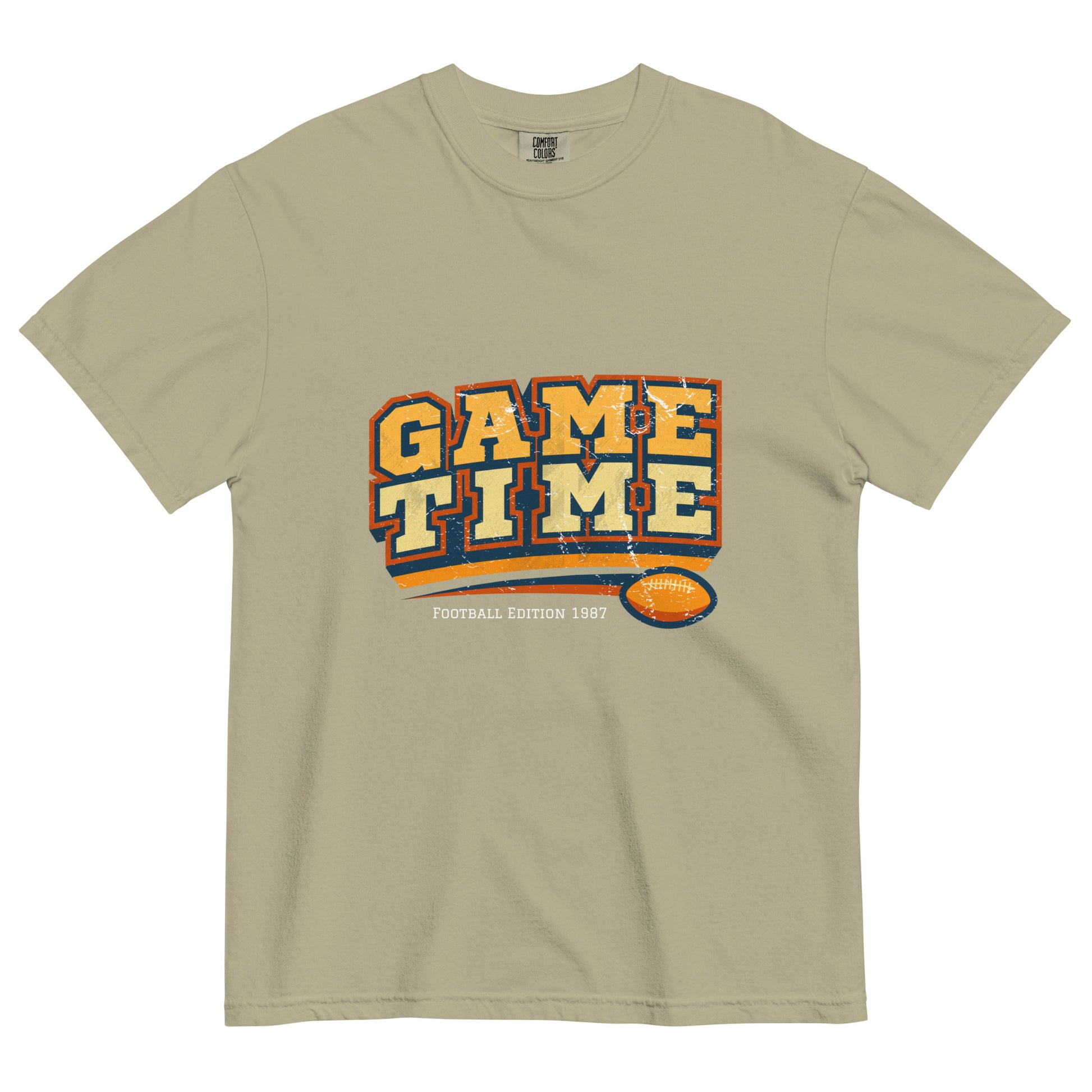 Beige t-shirt with 'GAME TIME' text and football graphic on a white background