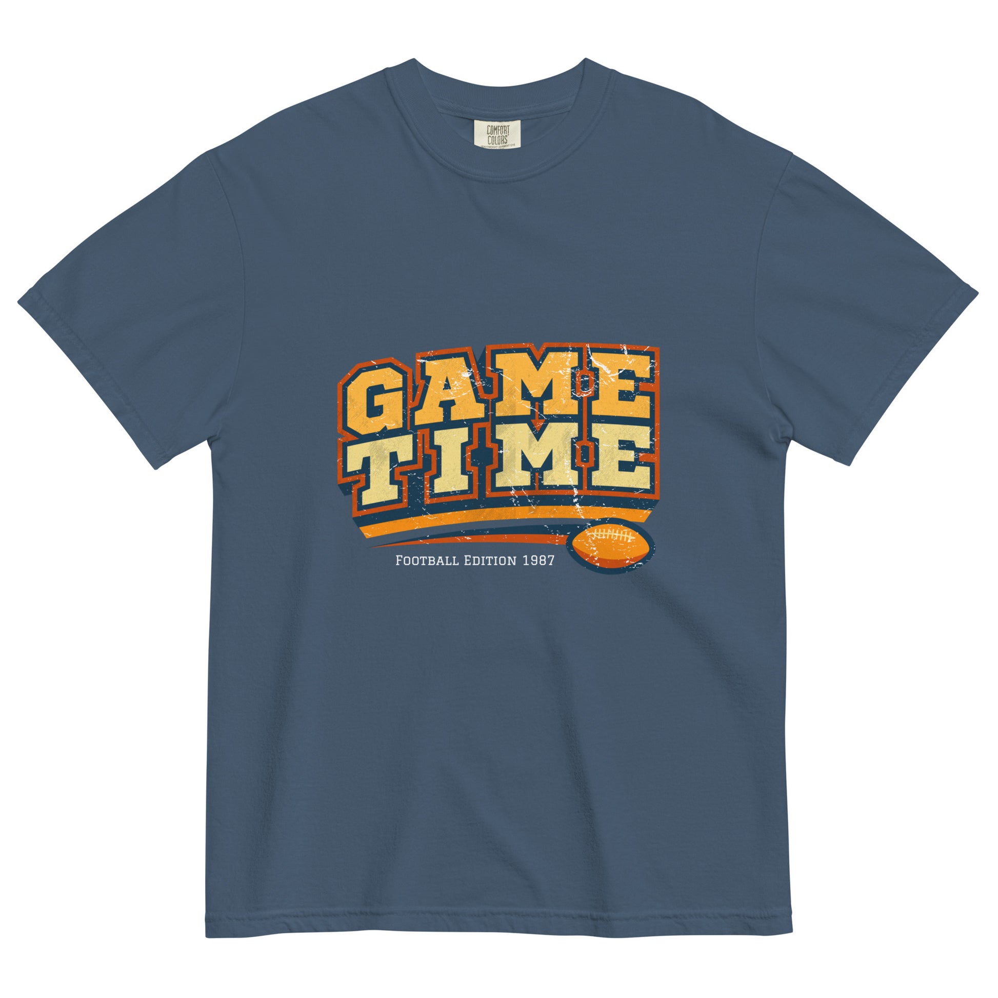 Blue t-shirt with 'GAME TIME' text and football graphic on a white background
