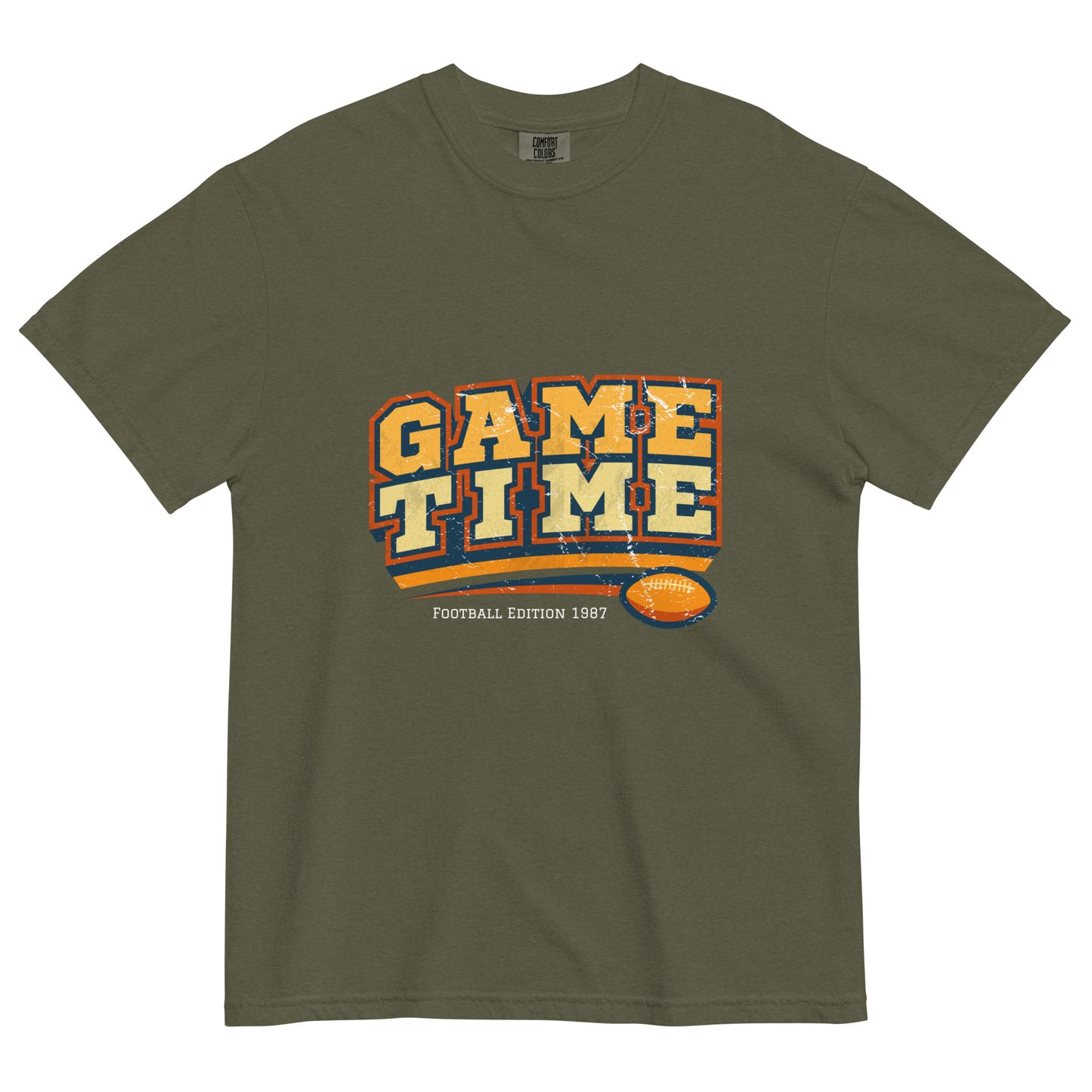 Green t-shirt with 'Game Time' text and football graphic on a white background