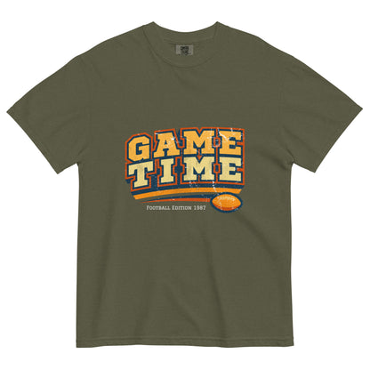 Green t-shirt with 'Game Time' text and football graphic on a white background