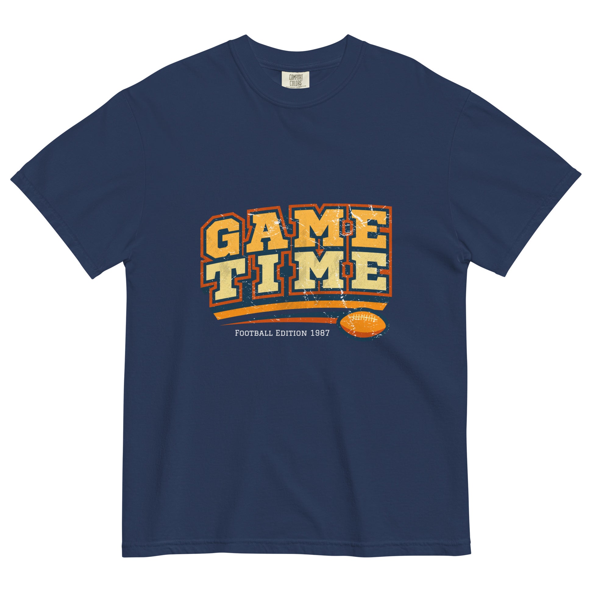 Navy blue t-shirt with 'GAME TIME' text in yellow and orange on a white background