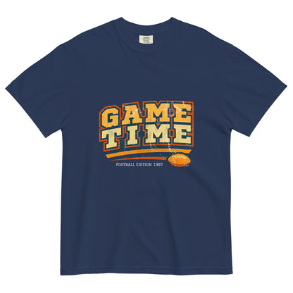Navy blue t-shirt with 'GAME TIME' text in yellow and orange on a white background