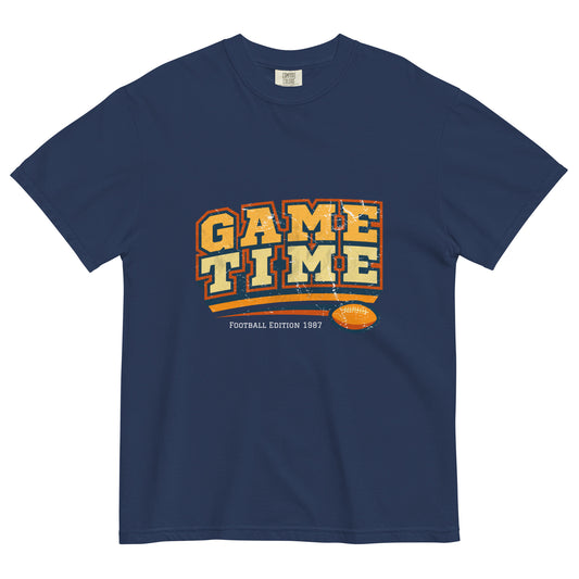 Navy blue t-shirt with 'GAME TIME' text in yellow and orange on a white background