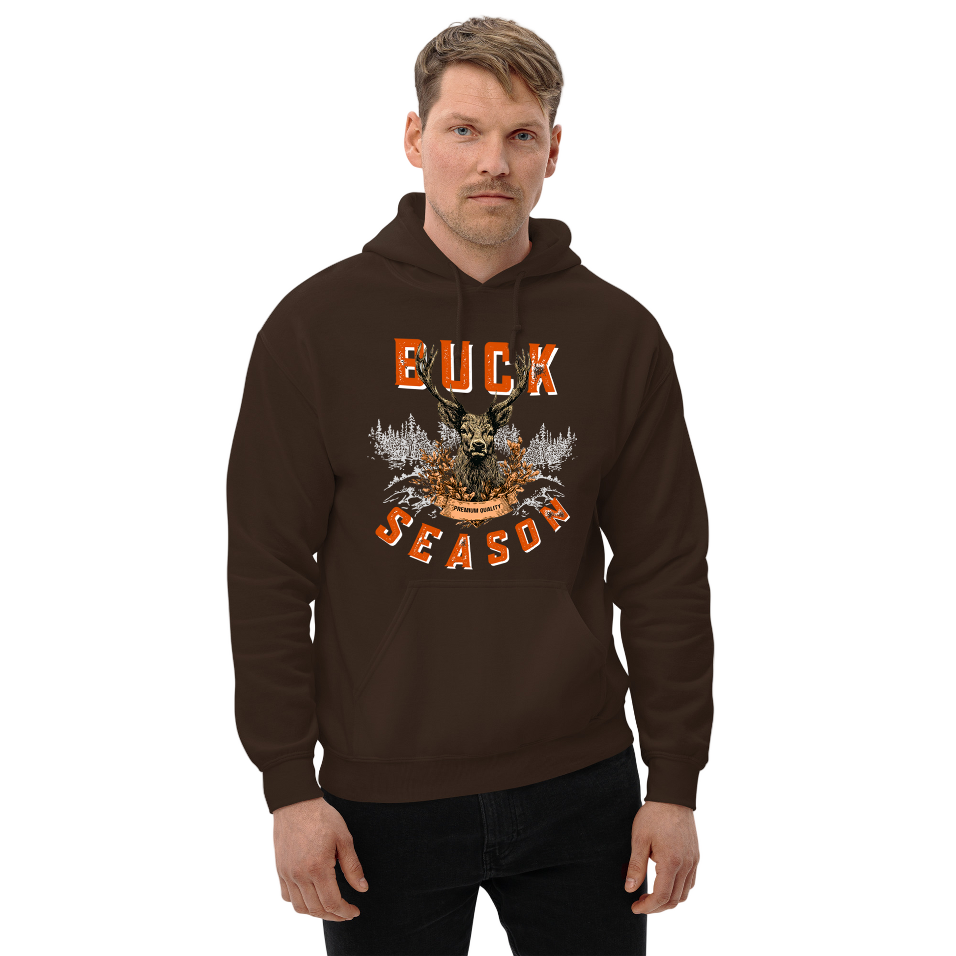Man wearing a brown hoodie with 'Buck Season' graphic on a white background