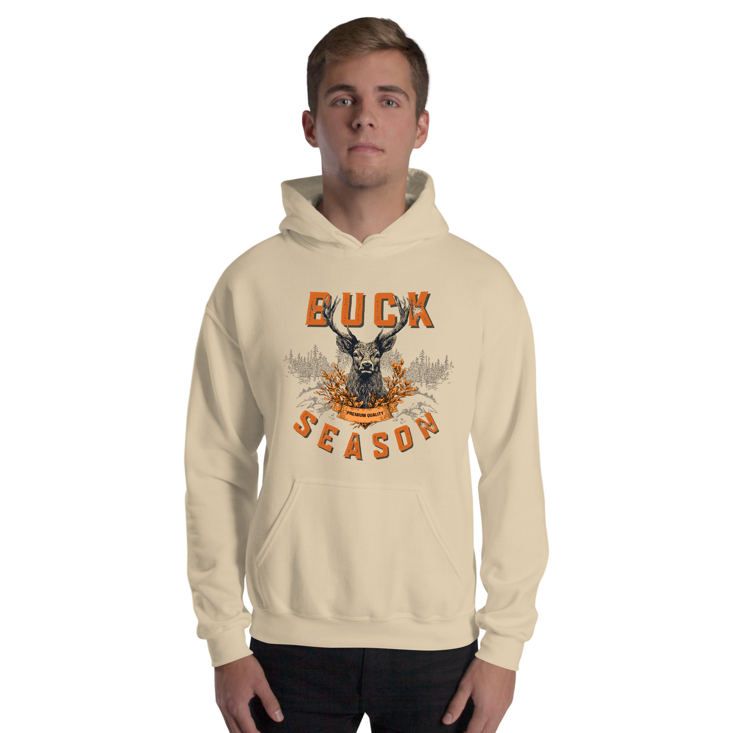 Man wearing a beige hoodie with a 'Buck Season' graphic design on a white background