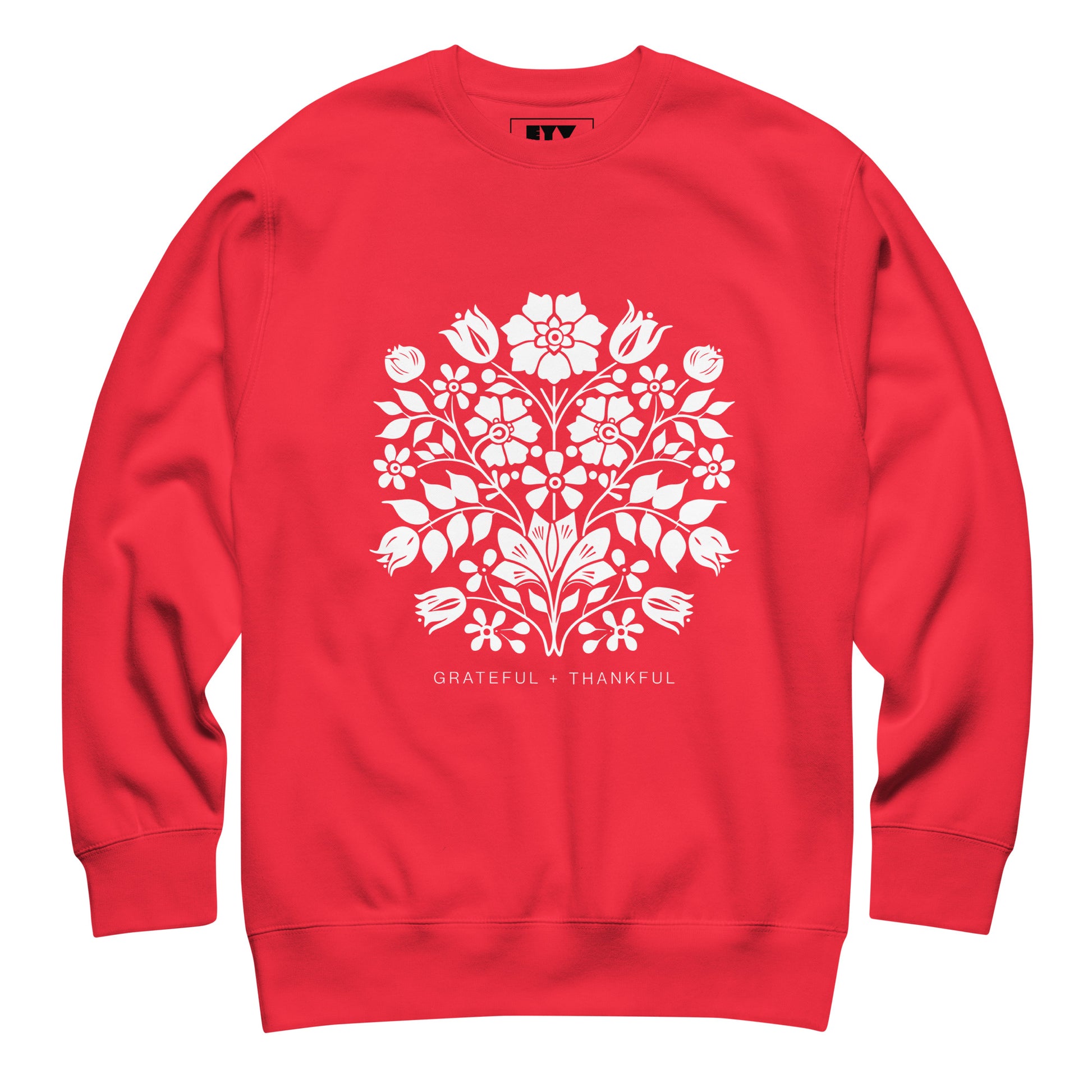 Red sweatshirt with white floral design and text on a white background