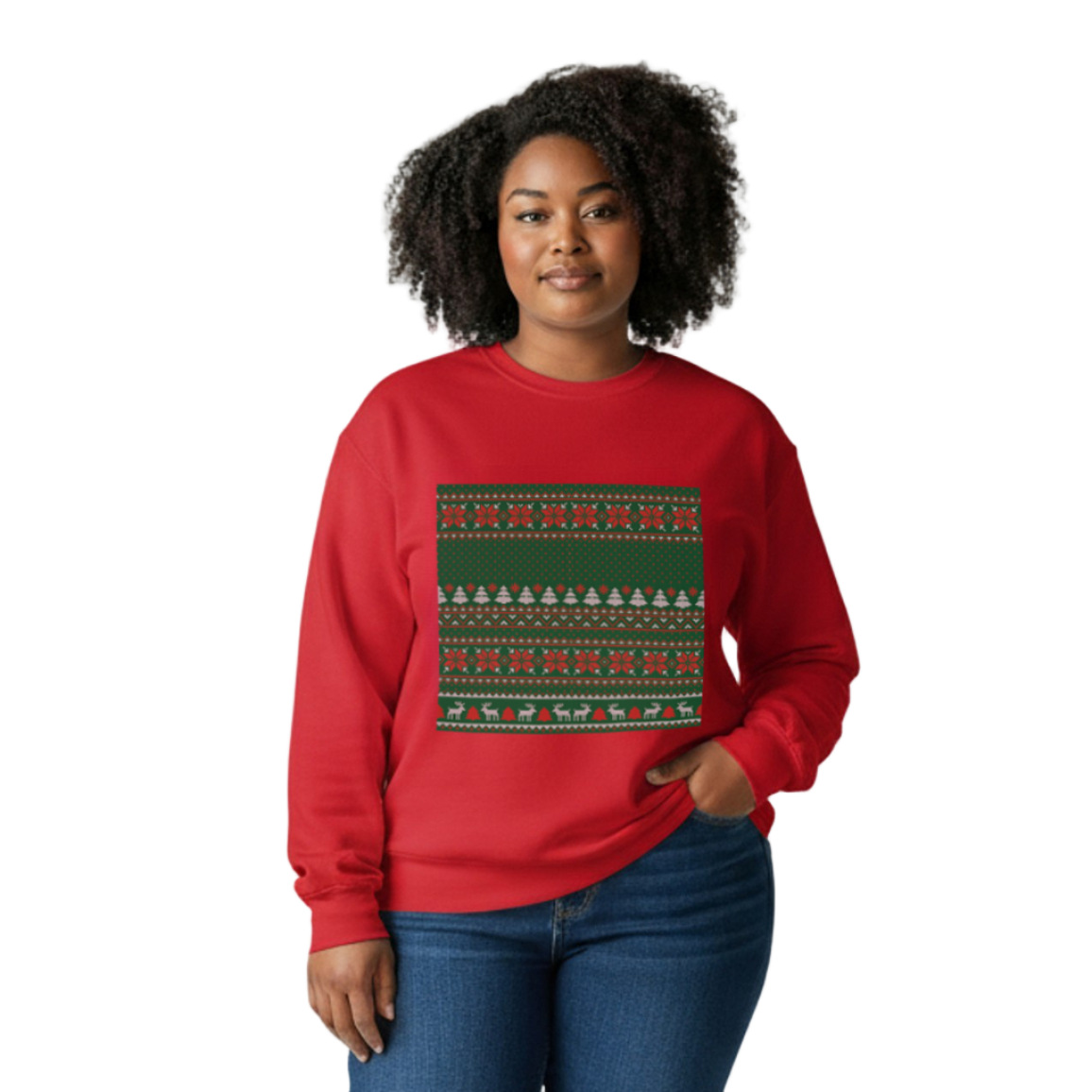 Person wearing a red sweater with a green pattern and blue jeans on a white background
